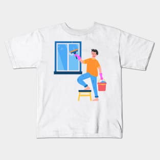 Hand Drawn "Boy Cleaning The Window" Kids T-Shirt